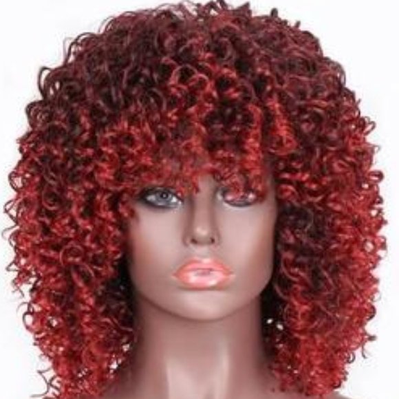 New Curly Burgundy Human Hair Blend Lace Front Wig main image 3